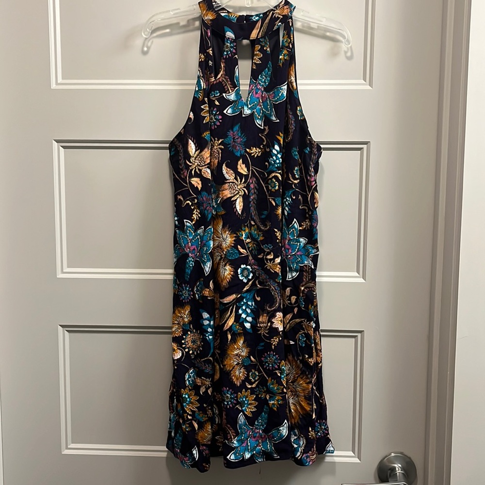Xhilaration navy orange and blue floral printed high-neck dress, size M